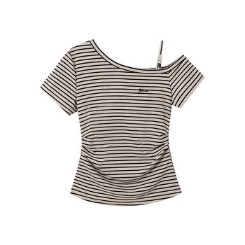 Cream universe embroidered contrast striped suspender sloping shoulder short sleeve t-shirt women's retro pure desire waist short top