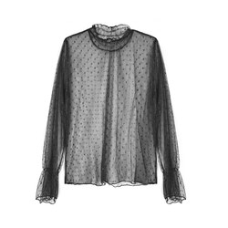 Spring and Autumn Korean Style Large Fat mm Stand Collar Mesh Bottoming Shirt Loose Polka Dot Trumpet Sleeve Top Feminine Lace Shirt