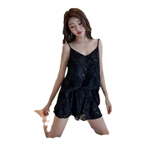 Large size sling lace pajamas set for fat women thin style with chest pad hollow breathable sexy mesh cotton home clothes