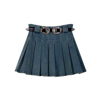Uena American retro distressed denim skirt ສັ້ນແອວສູງກະທັດຮັດ A-line pleated skirt ສໍາລັບແມ່ຍິງ