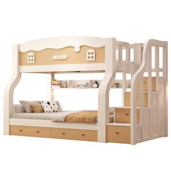 Cream style all solid wood multifunctional high and low double bed