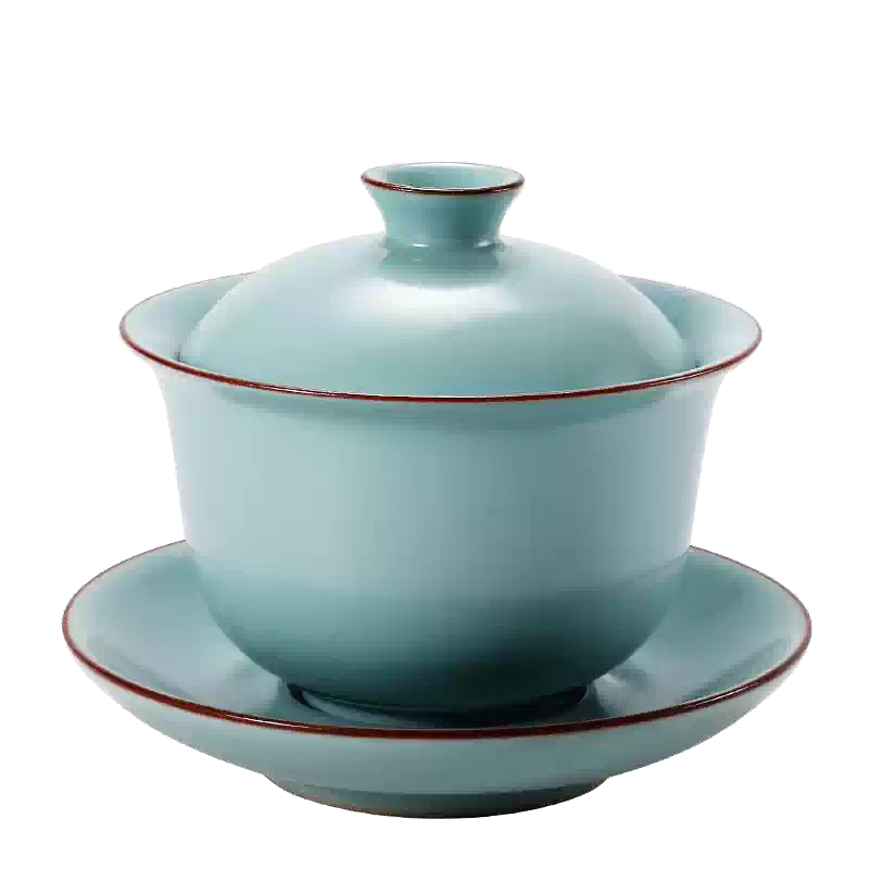 中国宋代青瓷盖碗，茶器。 汝窑天青色盖碗高档陶瓷功夫茶具手工防烫大号三才盖碗泡茶组