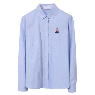 轻奢纯棉衬衫女长袖娃娃领2025春秋新款上衣时尚职业刺绣蓝色衬衣