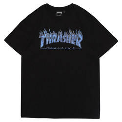 Bounce trendy THRASHER ສະບັບພາສາຍີ່ປຸ່ນຂອງຍີ່ຫໍ້ trendy ຈໍາກັດ luminous flame ຜູ້ຊາຍແລະແມ່ຍິງຄູ່ເສື້ອທີເຊີດແຂນສັ້ນວ່າງຄໍສັ້ນ