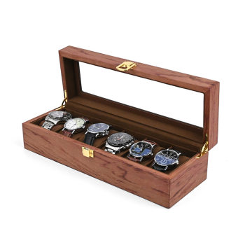 Glass skylight 6-digit watch box retro wooden ash willow pattern red pear walnut watch ring storage gift box