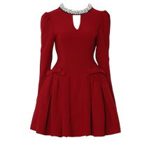 DPLAY2024 Winter New French Round Neck Bow Pearl Red Dress Dress Women’s Red Dress
