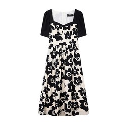 ສີຂາວ Deer Grammar Square Collar Print Little Black Dress Summer Sweet Puff Sleeve High Waist Short Sleeve Long Skirt Dress