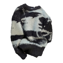 Retro trendy brand contrasting color mohair pullover sweater for women 2024 winter lazy style loose slimming warm top