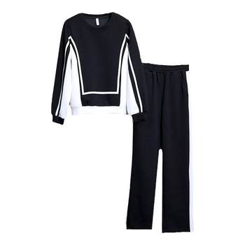 Fat sister casual fashion suit 2026 new plus size women's clothing contrast color round neck sweater wide leg pants set two-piece for women