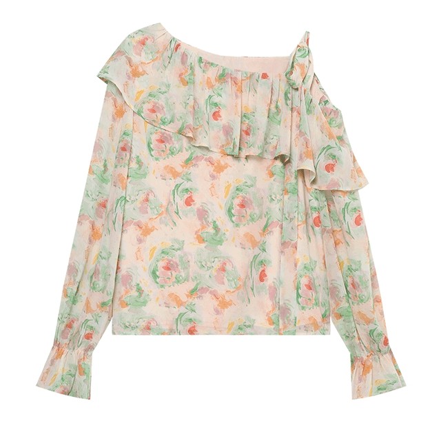 White Deer Speech Ruffle Printed Chiffon Shirt Women's Long Sleeves