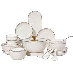 Simple Nordic Style Black Line Ceramic Bowl and Plate Set for 2-10 People, Creative Household Bowl and Plate Cutlery Gift Set