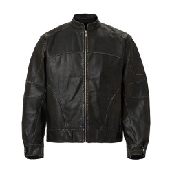 CATSSTAC ລ້າງແລະ rubbed silhouette distressed leather jacket ຜູ້ຊາຍອອກແບບສັ້ນ PU ຫນັງ jacket ລົດຈັກ jacket