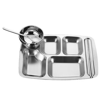 Stainless steel fast food tray divided into adult cafeteria meal tray