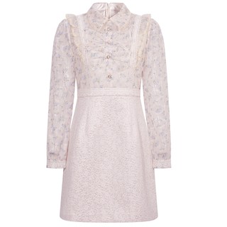 FEXATA斐格思2025秋季新品荷叶边复古碎花连衣裙拼接式假两件裙子