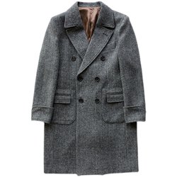 Autumn and winter polo coat men's British double-breasted mid-length windbreaker woolen lapel herringbone tweed coat