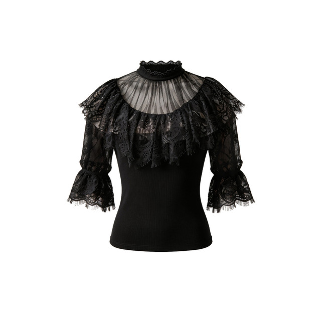 ເສື້ອແຂນຍາວສີດຳ lace collar patchwork knitted top