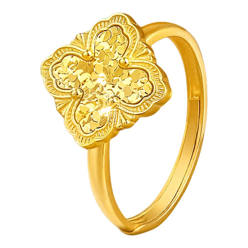 Shipulin pure gold 5G craft crushed ice four-leaf clover live ring, light luxury fashion gift for women