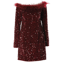 DPLAY winter one-shoulder collar red velvet sequin A-line slim evening dress dress for women