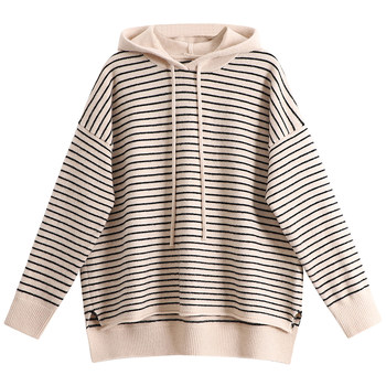 IMCC design niche patch hooded striped knitted sweater women's loose layered top coat hoodie ins