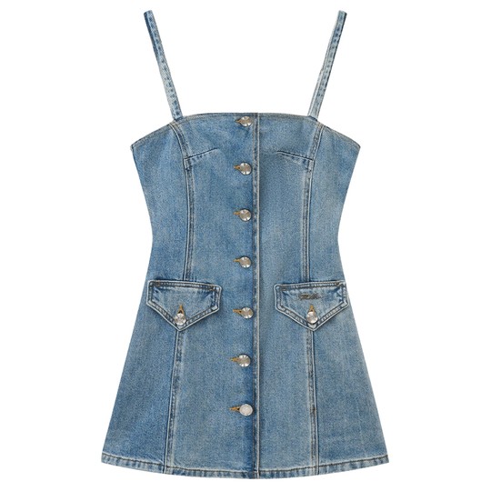 bebe夏季系列气质口袋拼接牛仔吊带连衣裙250033