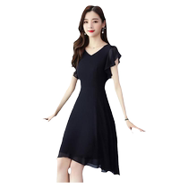 Chiffon dress womens summer 2024 new style waistline mom petite temperament short-sleeved mid-length skirt