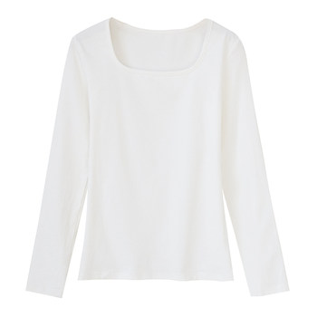 2024 New Square Neck Bottoming Shirt for Women White with pure Cotton Low Neck Long Sleeve Right Shoulder T-Shirt Pure Desire Tight Top