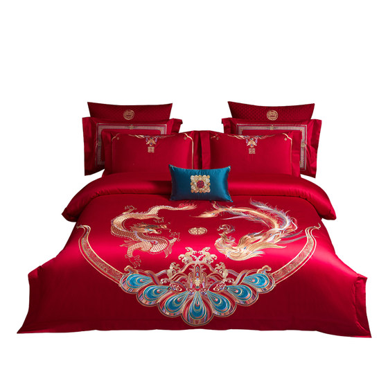 Mercury Home Textile Wedding Four-Piece Set Festive Red Dragon and Phoenix Embroidery Chinese Dow Kit Wedding Bedding