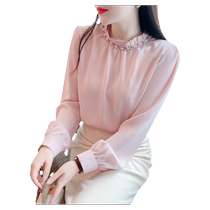 Wood Ear Edge Temperament Reduction of Collar Shirt Woman Superior Sense Brief Nail Pearl Heavy Work Early Fall Long Sleeve Silk Satin blouse