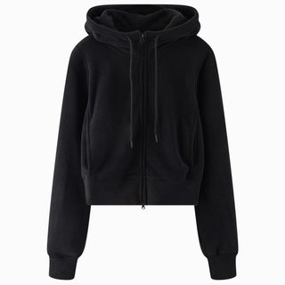 十一石 冬日摩洛哥 黑色双拉链保暖摇粒绒立领连帽卫衣女短外套ll