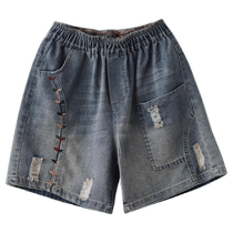 Ripped embroidered denim shorts for women in summer thin ethnic style retro large size high waist wide leg mid-length pants