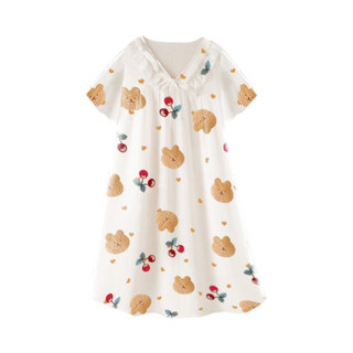 女童睡裙夏季短袖棉纱睡衣薄款甜美可爱学生春夏款宽松家居服小熊