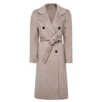 马天奴冬季新款纯色翻领绵羊毛大衣双排扣系带长款保暖气质外套