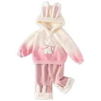 Girls autumn and winter clothing set 2024 new style childrens hooded sweatshirt plus velvet baby cotton pants winter two-piece set