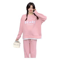 Maternity Autumn Suit 2024 New Small Loose Fashionable Western Sweatshirt Round Neck Top and Pants Two-piece Set