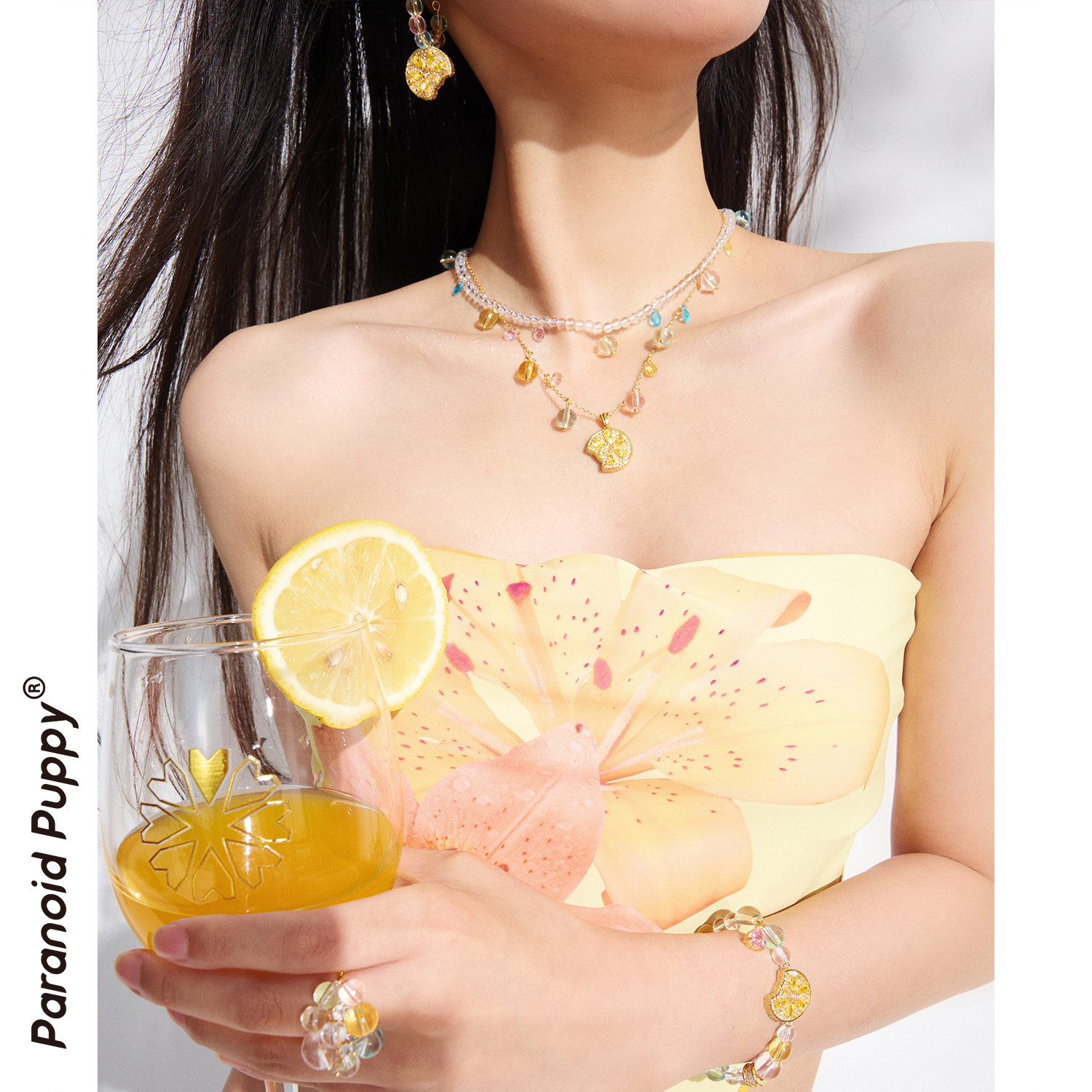 [Wang Yuwen's Style] PP "Lemon Summer" Crystal Beaded 925 Sterling Silver Hoop Earrings, Niche Design Stud Earrings
