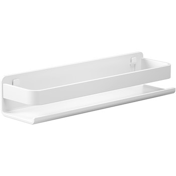 White kitchen wall hanging condiment shelves