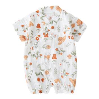 Baby pure cotton gauze jumpsuit summer thin newborn baby bag breathable rompers 0-3 months lace-up short-sleeved