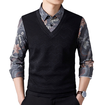 Luo Meng mens fashion casual long-sleeved shirt collar fake two-piece 2024 autumn new versatile printed sweater for men