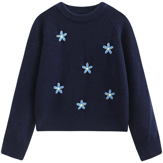 慕兔甜美花朵刺绣短款毛衣女2025冬季新款小个子圆领长袖针织上衣