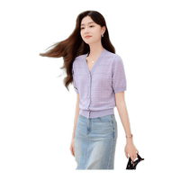 Fragrant Shadow V Collar Knit Cardiovert Woman Slim 2024 Summer new Caring Artichoke Purple Temperament Style Short Sleeve Blouse