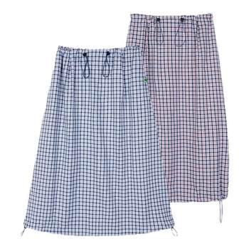 Moodlikeme'Retro 90S' Cotton Plaid Draped Skirt 2025 Spring Adjustable Drawstring Plaid Long Skirt