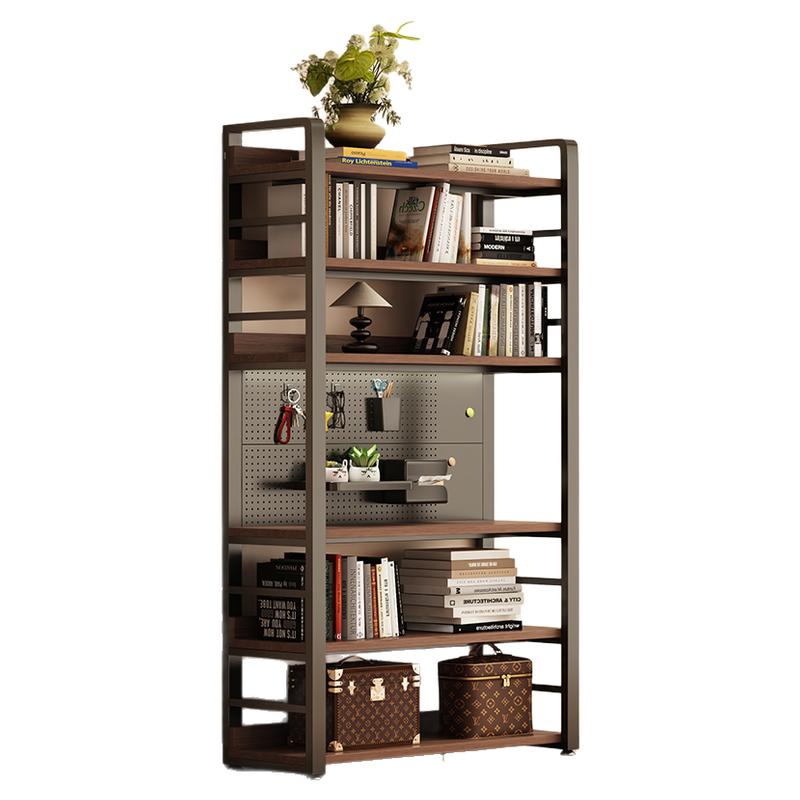 Extended floor-to-ceiling storage shelf bookshelf next to the hole board table