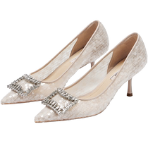 73hours Womens Shoes Pink Quicksand 2024 Spring New Style Lace Pointed Toe Sparkling Diamond Stilettos Womens Wedding Shoes Single Shoes