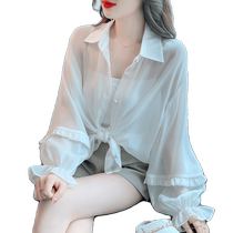 Pearlescent see-through sun protection shirt for women summer thin style with suspenders puff sleeve blouse sun protection cardigan jacket