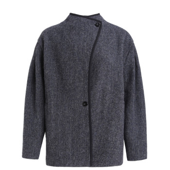 the rumah复古羊腿袖粗花呢大衣外套 不对称设计立领落肩纽扣大衣