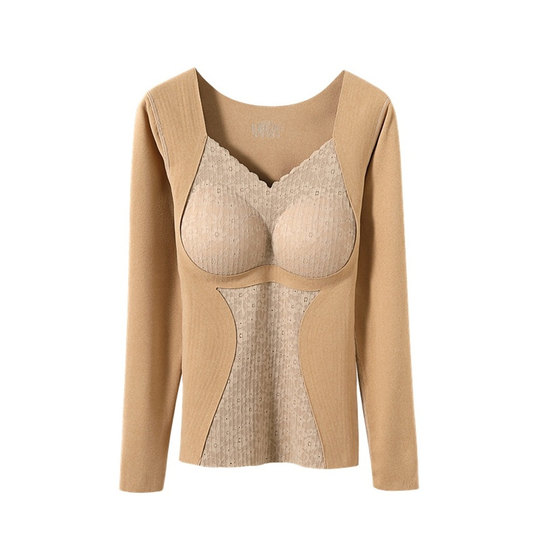 双面磨毛保暖内衣2025冬长袖女带胸垫加绒加厚内搭打底衫V领上衣