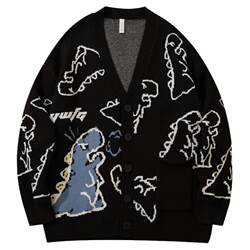 Wukong is in stock, street cartoon full-page jacquard cardigan sweater for men, hip-hop loose couple sweater jacket