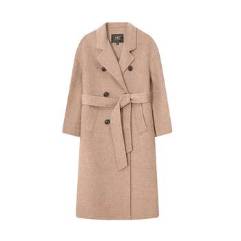 白鹿语羊毛混纺双面呢大衣秋款风气质西装领长款宽松外套女