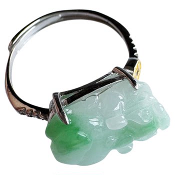Burmese yang green flower jadeite pixiu ring s925 silver