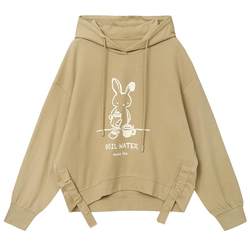 Zihan solid color hooded sweatshirt slit drawstring women's autumn bunny print age-reducing college style loose pullover top